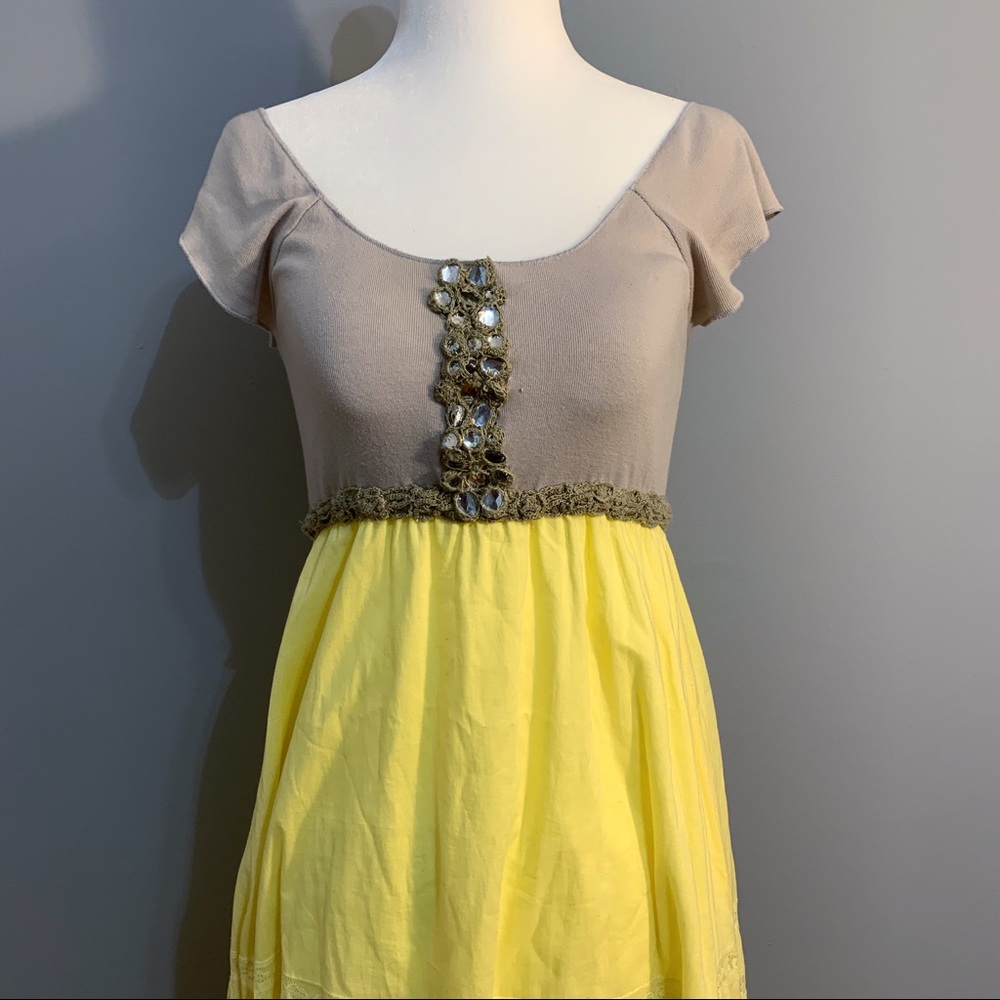 Free People Yellow & Tan Jeweled Boho Dress D8